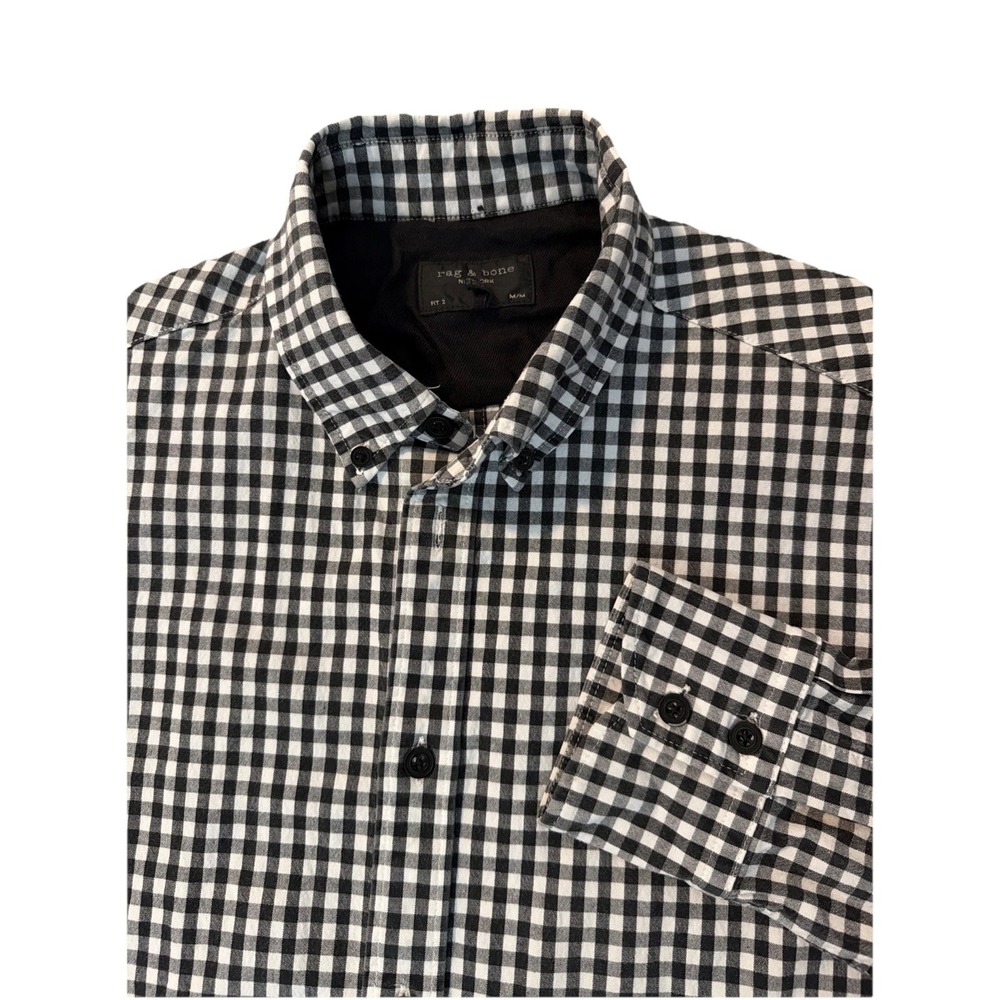 Rag & Bone Flannel Shirt Men Medium Black White Fit 2 Button Down Plaid